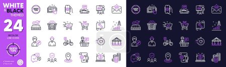 Illustration for Engineer, Vip transfer and Location line icons for website, printing. Collection of Lightweight mattress, Presentation, App settings icons. Carousels, Shopping cart, Cross sell web elements. Vector - Royalty Free Image