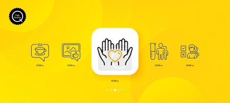 Illustration for Medical analyzes, Hold heart and Coffee minimal line icons. Yellow abstract background. Opinion, Like photo icons. For web, application, printing. Medicine results, Friendship, Cafe. Vector - Royalty Free Image