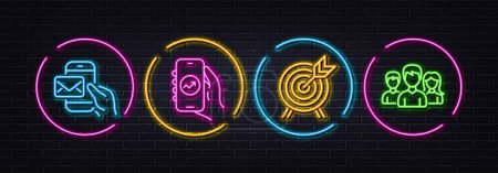 Illustration for Financial app, Messenger mail and Archery minimal line icons. Neon laser 3d lights. Teamwork icons. For web, application, printing. Smartphone analytics, New e-mail, Attraction park. Vector - Royalty Free Image