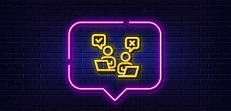 Illustration for Neon light speech bubble. Online Voting line icon. Internet vote sign. Web election symbol. Neon light background. Online Voting glow line. Brick wall banner. Vector - Royalty Free Image
