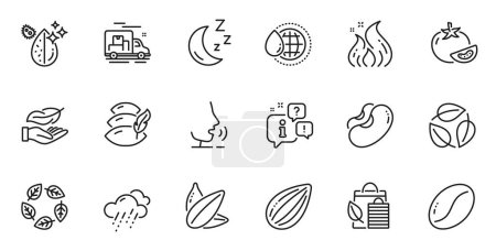 Ilustración de Conjunto de esbozos de Almond nut, Dirty water y Rainy weather line iconos para aplicación web. Hablar, información, entrega icono contorno del camión. Incluye frijoles, agua del mundo, iconos orgánicos probados. Vector - Imagen libre de derechos