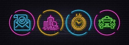 Illustration for Inspect, Confirmed mail and Time minimal line icons. Neon laser 3d lights. Taxi icons. For web, application, printing. Search building, Verified email, Clock. Public transportation. Vector - Royalty Free Image