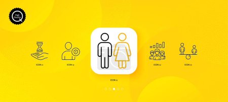 Illustration for Equity, Security and Time hourglass minimal line icons. Yellow abstract background. Restroom, Teamwork results icons. For web, application, printing. Vector - Royalty Free Image