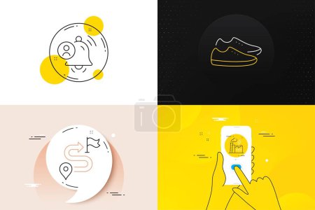 Illustration for Minimal set of Journey, User notification and Shoes line icons. Phone screen, Quote banners. Electricity factory icons. For web development. Trip distance, People attention, Fashion footwear. Vector - Royalty Free Image