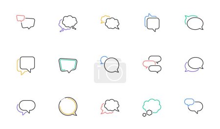 Illustration for Speech bubbles line icons. Social media message, comic bubbles and chat. Think sticker, Comment speech and talk bubble icons. Linear set. Bicolor outline web elements. Vector - Royalty Free Image