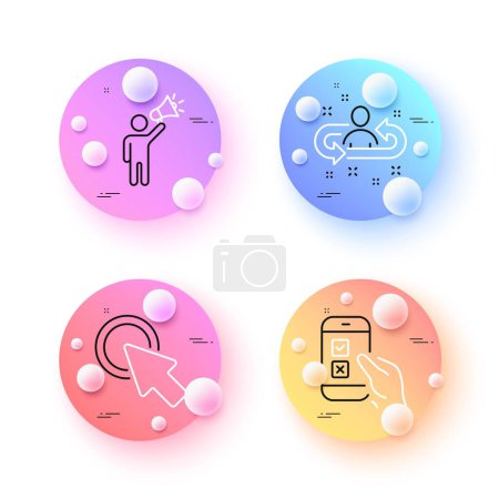 Illustration for Mobile survey, Recruitment and Click here minimal line icons. 3d spheres or balls buttons. Brand ambassador icons. For web, application, printing. Phone quiz test, Manager change, Push button. Vector - Royalty Free Image