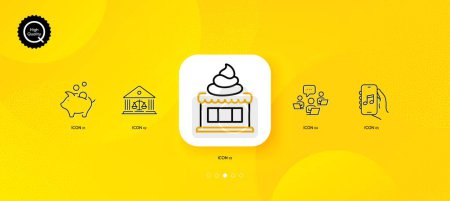 Illustration for Piggy bank, Music app and Court building minimal line icons. Yellow abstract background. Teamwork, Ice cream icons. For web, application, printing. Money investment, Musical note, Judgement. Vector - Royalty Free Image