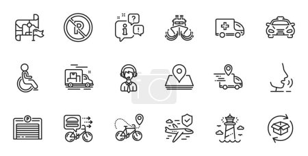 Illustration for Outline set of Delivery truck, Ambulance emergency and Lighthouse line icons for web application. Talk, information, delivery truck outline icon. Vector - Royalty Free Image
