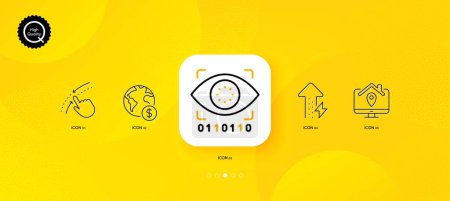 Illustration for Swipe up, Global business and Work home minimal line icons. Yellow abstract background. Artificial intelligence, Energy growing icons. For web, application, printing. Vector - Royalty Free Image