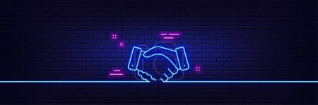 Illustration for Neon light glow effect. Employees handshake line icon. Hand gesture sign. Business deal palm symbol. 3d line neon glow icon. Brick wall banner. Employees handshake outline. Vector - Royalty Free Image