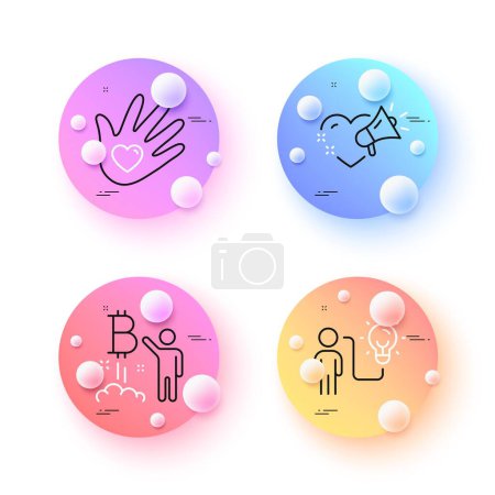 Illustration for Business idea, Bitcoin project and Love message minimal line icons. 3d spheres or balls buttons. Social responsibility icons. For web, application, printing. Vector - Royalty Free Image