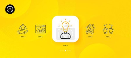 Illustration for Justice scales, Cyber attack and Move gesture minimal line icons. Yellow abstract background. Education, Work home icons. For web, application, printing. Judgement, Web ddos, Swipe. Human idea. Vector - Royalty Free Image