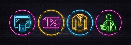 Illustration for Wallet, Discount banner and Shirt minimal line icons. Neon laser 3d lights. Buyer icons. For web, application, printing. Money budget, Sale coupon, Casual wear. Shopping customer. Vector - Royalty Free Image