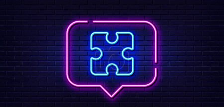 Illustration for Neon light speech bubble. Puzzle piece line icon. Jigsaw game shape sign. Business strategy element. Neon light background. Puzzle glow line. Brick wall banner. Vector - Royalty Free Image