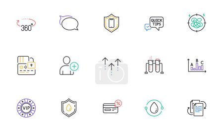 Illustration for Cashback, Swipe up and Add user line icons for website, printing. Collection of Vip chip, Talk bubble, 360 degrees icons. Smartphone protection, Chemistry beaker, Blood donation web elements. Vector - Royalty Free Image