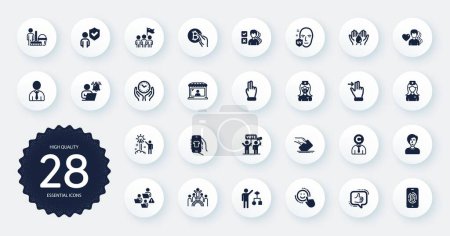 Illustration for Set of People icons, such as Man love, Safe water and Shop app flat icons. Leadership, Click hand, Smile web elements. Human, User notification, Cleaning signs. Voting campaign, Opinion, Nurse. Vector - Royalty Free Image