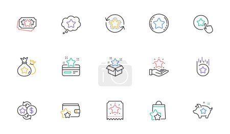 Illustration for Loyalty program line icons. Bonus card, Redeem gift and discount coupon signs. Lottery ticket, Earn reward and winner gift icons. Linear set. Bicolor outline web elements. Vector - Royalty Free Image
