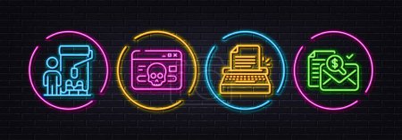 Illustration for Typewriter, Cyber attack and Painter minimal line icons. Neon laser 3d lights. Accounting report icons. For web, application, printing. Writer machine, Web ddos, Paint brush. Check finance. Vector - Royalty Free Image