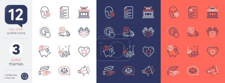 Illustration for Set of Justice scales, Voting ballot and Bumper cars line icons. Include Problem skin, Ranking star, Dog leash icons. Insurance hand, Lightweight, Shop web elements. Bitcoin coin. Vector - Royalty Free Image