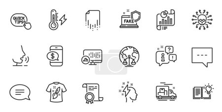 Illustration for Outline set of Fake internet, Brainstorming and Report document line icons for web application. Talk, information, delivery truck outline icon. Vector - Royalty Free Image