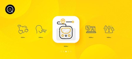 Illustration for Heart, Warning and Metro minimal line icons. Yellow abstract background. Breathing exercise, Online loan icons. For web, application, printing. Love rating, Important message, Transit journey. Vector - Royalty Free Image
