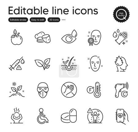 Illustration for Set of Healthcare outline icons. Contains icons as Potato, Eye drops and Eco food elements. Grow plant, Health skin, Anti-dandruff flakes web signs. Difficult stress, Stress. Vector - Royalty Free Image
