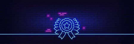 Illustration for Neon light glow effect. Winner ribbon line icon. Award medal sign. Best achievement symbol. 3d line neon glow icon. Brick wall banner. Winner ribbon outline. Vector - Royalty Free Image