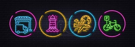 Illustration for International flight, Lighthouse and Delivery truck minimal line icons. Neon laser 3d lights. Bicycle parking icons. For web, application, printing. Vector - Royalty Free Image