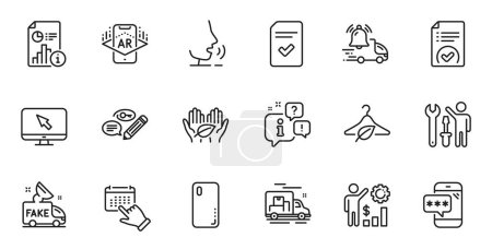 Illustration for Outline set of Internet, Smartphone cover and Fair trade line icons for web application. Talk, information, delivery truck outline icon. Vector - Royalty Free Image