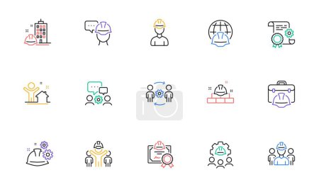 Illustration for Engineering line icons set. Technical documentation, Teamwork and People. Blueprint with gear, engineer and construction helmet set icons. Technician, industrial people, engineering process. Vector - Royalty Free Image