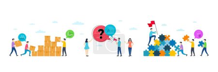 Illustration for Friends couple, Teamwork and Cleaning minimal line icons. People characters with puzzle, delivery parcel. Fingerprint icons. For web, application, printing. Vector - Royalty Free Image