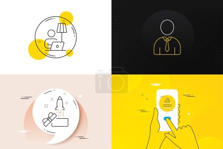Illustration for Minimal set of Floor lamp, Ice cream and Human line icons. Phone screen, Quote banners. Innovation icons. For web development. Electric light, Sundae, Person profile. Crowdfunding. Vector - Royalty Free Image