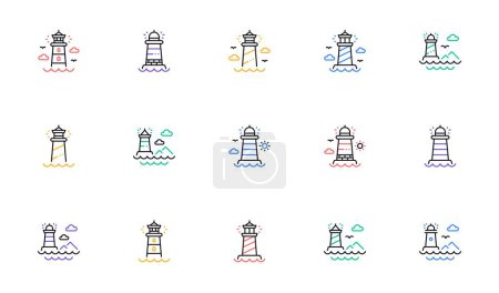 Téléchargez les illustrations : Icônes de ligne de phare. Tour de phare avec mouette pour la navigation maritime des navires. Phararos de mer, phares ou icônes de phare. Ensemble linéaire. Éléments de contour bicolore. Vecteur - en licence libre de droit