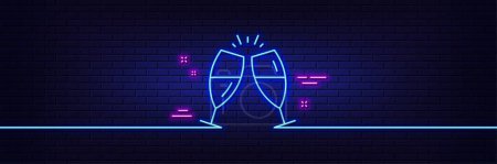 Illustration for Neon light glow effect. Champagne glasses line icon. Romantic celebration sign. Love chin-chin symbol. 3d line neon glow icon. Brick wall banner. Champagne glasses outline. Vector - Royalty Free Image