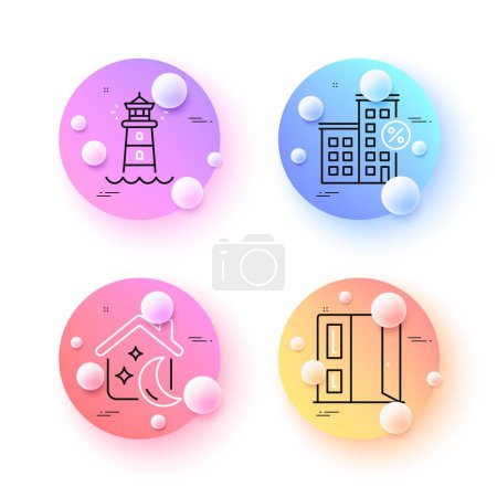Illustration for Open door, Sleep and Lighthouse minimal line icons. 3d spheres or balls buttons. Loan house icons. For web, application, printing. Entrance, Sleeping house, Searchlight tower. Discount percent. Vector - Royalty Free Image