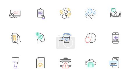 Illustration for Restaurant app, Smartphone statistics and Update time line icons for website, printing. Collection of Table lamp, Fireworks, Warning briefcase icons. People chatting, Approved document. Vector - Royalty Free Image