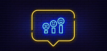 Illustration for Neon light speech bubble. Customer satisfaction line icon. Positive feedback sign. Smile chart symbol. Neon light background. Customer satisfaction glow line. Brick wall banner. Vector - Royalty Free Image