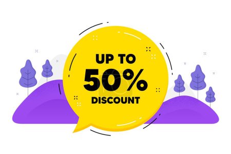 Illustration for Up to 50 percent Discount. Speech bubble chat balloon. Sale offer price sign. Special offer symbol. Save 50 percentages. Talk discount tag message. Voice dialogue cloud. Vector - Royalty Free Image