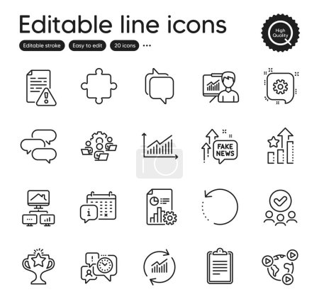 Illustration for Set of Education outline icons. Contains icons as Ranking stars, Approved group and Recovery data elements. Teamwork, Clipboard, Video conference web signs. Report, Time management. Vector - Royalty Free Image