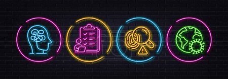Illustration for Fingerprint, Checklist and Stress minimal line icons. Neon laser 3d lights. Coronavirus icons. For web, application, printing. Biometric scan, Questioning clipboard, Mind anxiety. Vector - Royalty Free Image