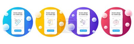 Illustration for Minimal set of Rejected payment, Eco energy and Smile line icons for web development. Phone ui interface mockup with balls. Open box icons. Bank transfer, Lightbulb, Phone feedback. Vector - Royalty Free Image