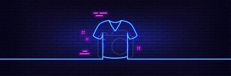 Illustration for Neon light glow effect. T-shirt line icon. Tee shirt wear sign. Fabric sport clothes symbol. 3d line neon glow icon. Brick wall banner. T-shirt outline. Vector - Royalty Free Image