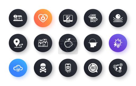 Illustration for Minimal set of Food delivery, Augmented reality and Wholesale inventory flat icons for web development. Chemical hazard, Heart, Cloud computing icons. Elastic material, Cashback card. Vector - Royalty Free Image
