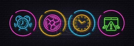 Illustration for Time, Time management and Air fan minimal line icons. Neon laser 3d lights. Online warning icons. For web, application, printing. Clock, Alarm clock, Ventilation turbine. Website alert. Vector - Royalty Free Image