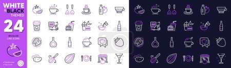 Illustration for Americano, Night eat and Fitness water line icons for website, printing. Collection of Beer bottle, Potato, Tea cup icons. Tomato, Food delivery, Cooking hat web elements. Beer. Vector - Royalty Free Image
