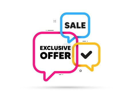 Illustration for Exclusive offer tag. Ribbon bubble chat banner. Discount offer coupon. Sale price sign. Advertising discounts symbol. Exclusive offer adhesive tag. Promo banner. Vector - Royalty Free Image