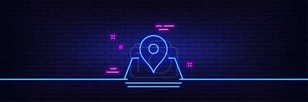 Illustration for Neon light glow effect. Map pin line icon. Trip point sign. Journey location pointer symbol. 3d line neon glow icon. Brick wall banner. Pin outline. Vector - Royalty Free Image