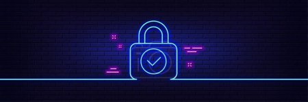 Illustration for Neon light glow effect. Security lock line icon. Cyber defence sign. Private protection symbol. 3d line neon glow icon. Brick wall banner. Security lock outline. Vector - Royalty Free Image