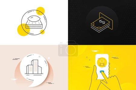 Illustration for Minimal set of Winner cup, Atm money and Buildings line icons. Phone screen, Quote banners. Mattress icons. For web development. Award cup, Dollar currency, City architecture. Sleeping pillow. Vector - Royalty Free Image