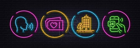 Illustration for Skyscraper buildings, Human sing and Love tickets minimal line icons. Neon laser 3d lights. 24h service icons. For web, application, printing. Town architecture, Talk, Valentine day. Vector - Royalty Free Image